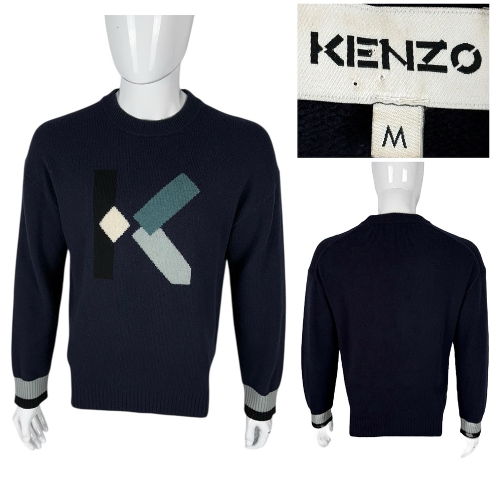 Kenzo Mens Medium Sweater Wool Nylon Blend Blue Knit Logo Triko Crewneck Casual